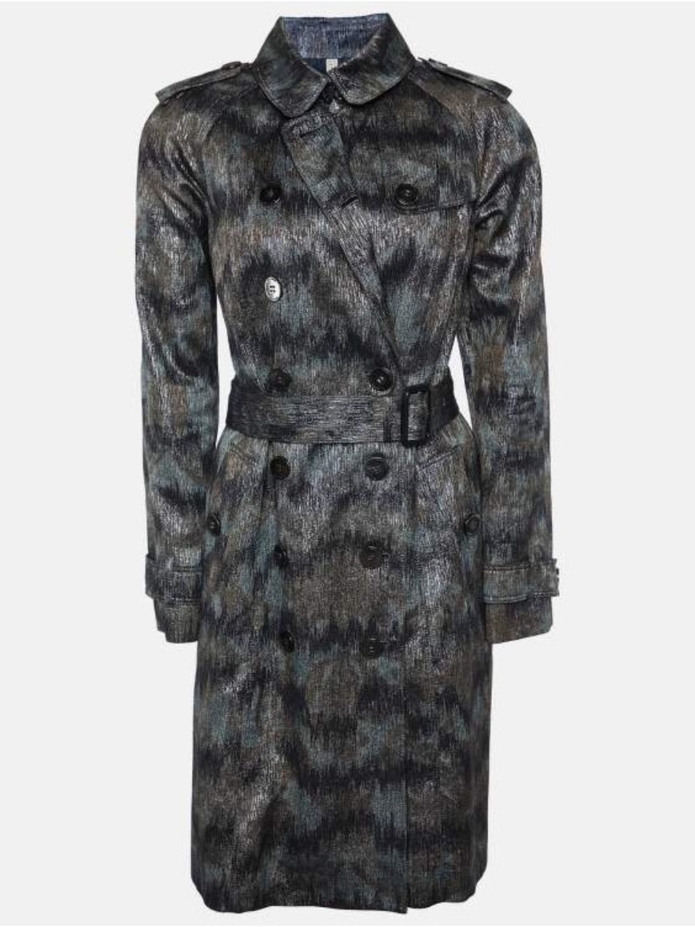 Burberry Metallic Charcoal and Teal Double-Breasted Trench Dress
